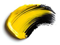 Yellow and black curved brush stroke on white background, dynamic paint smear with glossy texture showing artistic movement and contrast. Isolated design element.