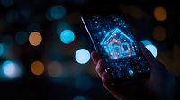 Glowing house icon on smartphone screen with bokeh lights background, representing smart home technology and digital real estate applications.
