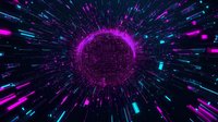 Futuristic digital tunnel with glowing purple and blue neon lights radiating from central sphere creating dynamic cyber space for technology backgrounds.