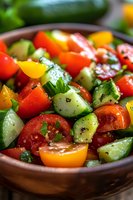 Fresh summer salad with cherry tomatoes, cucumbers, and herbs in rustic bowl, macro shot showing vibrant colors and water droplets on vegetables.