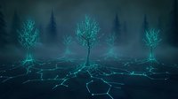 Futuristic digital forest with glowing cyan trees and network connections on dark technological landscape for sci-fi and tech concepts.