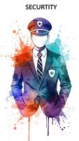 Security guard officer in uniform with watercolor paint splashes and artistic drips on white background for creative design projects.