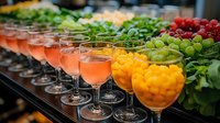 Colorful cocktails and fresh fruit display at luxury catering event buffet. Elegant glasses filled with pink drinks alongside mango, grapes and berries create vibrant setup.