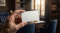 Hand holding blank white business card in elegant office library with leather furniture and bookshelves for professional branding mockup.