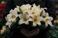 Elegant white lily bouquet held in hands against dark background, featuring fresh blooms with yellow stamens and dark green foliage, suitable for wedding and events.
