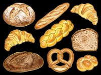 Watercolor bakery bread set with croissant, baguette, pretzel, loaf, and braided bread, isolated on transparent background, ready for stickers, clipart, and t-shirt design.