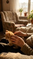 Senior woman petting ginger cat on lap in cozy living room with armchair, potted plants, and sunlit window. Relaxation and pet companionship.
