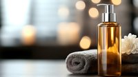 Luxury amber glass bottle with pump dispenser on spa towels with soft bokeh lights creating relaxing wellness atmosphere for skincare and beauty treatments.