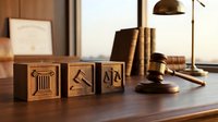 Wooden blocks with legal symbols including scales of justice, gavel and column arranged on lawyer desk with law books and gavel in warm office setting.