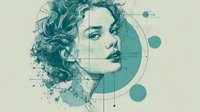 Abstract portrait of young woman with curly hair in teal and beige tones, geometric circles and lines overlay, modern artistic design for creative projects.