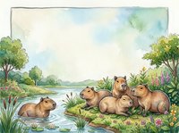 Adorable capybara family relaxing by peaceful lake in lush natural habitat with watercolor style illustration for children books and educational materials.