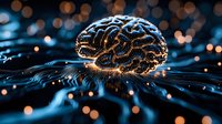 Glowing digital brain with neural connections floating over rippling waves against dark background with bokeh lights, representing artificial intelligence and technology.