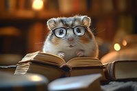 Adorable hamster wearing glasses sits at open book in cozy library setting with warm bokeh lighting, creating whimsical educational atmosphere.
