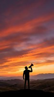 Silhouette of man with megaphone against dramatic sunset sky over mountain landscape. Leadership, communication and announcement concept for business marketing.