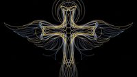 Golden ornate cross with flowing wings on black background featuring intricate metallic details and spiritual symbolism for religious design projects.