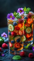 Refreshing summer drink with berries, cucumber slices, and edible flowers in sparkling water. Fresh fruit cocktail garnished with mint leaves and purple pansies.