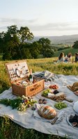 Outdoor picnic setup in rolling countryside with wicker basket, fresh bread, fruits, and flowers on white cloth, three women socializing in background during golden hour, scenic valley landscape with trees and hills.