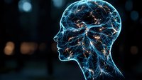 Glowing blue human head silhouette with illuminated neural network patterns showing brain activity and consciousness on dark background with bokeh lights.