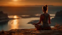 Young woman practicing yoga meditation on mountain cliff during golden sunset overlooking serene lake landscape for mindfulness and wellness lifestyle.
