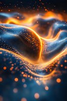 Abstract digital wave with glowing orange and blue particles flowing in dynamic motion against dark background for technology concept design.