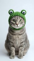 Adorable tabby cat wearing green knitted frog hat with googly eyes sitting on white background for pet costume and humor concepts.