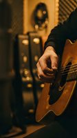 Musician playing acoustic guitar in professional recording studio with warm lighting and sound equipment in background for music production and songwriting.