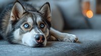 Adorable Siberian Husky with striking blue eyes lying on gray couch, close-up portrait showing gentle expression and distinctive facial markings in warm ambient lighting.