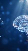 Digital brain with glowing neural networks and light effects on blue background for artificial intelligence and technology concepts.