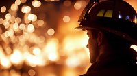 Silhouette of firefighter in protective helmet against blurred background of bright orange bokeh lights creating dramatic emergency response atmosphere.