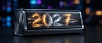Futuristic digital display showing glowing 2027 numbers in sleek glass device against bokeh city lights background for technology concepts.