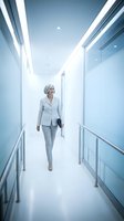 Mature woman with gray hair, Caucasian ethnicity, wearing light gray business suit and heels, walking through modern corporate corridor with white walls, glass panels, and linear ceiling lights, holding tablet device for business, finance, or corporate office concepts.