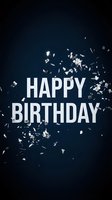 Happy Birthday text on dark blue background with silver confetti explosion, elegant greeting card for celebration and party invitations.