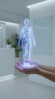 Holographic human figure floating above cupped hands in modern medical office, representing digital health technology and futuristic healthcare innovation.