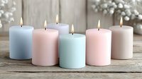 Pastel colored pillar candles burning with warm flames on rustic wooden surface creating cozy spa atmosphere for relaxation and home decor.