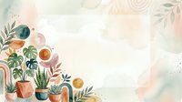 Watercolor botanical illustration with potted plants, leaves, and abstract shapes on isolated white background, suitable for home decor, stationery, and design projects.