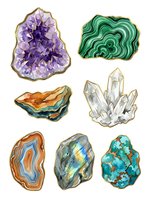 Isolated gemstones and mineral crystals collection featuring amethyst geode, malachite, citrine, clear quartz points, agate slices, labradorite and turquoise specimens with gold borders for design use.
