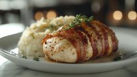Bacon-wrapped chicken breast served with creamy mashed potatoes and fresh thyme garnish on white plate, selective focus with soft bokeh background.