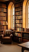 Classic library interior with floor-to-ceiling bookshelves, leather armchair and arched windows creating warm scholarly atmosphere for reading and study.