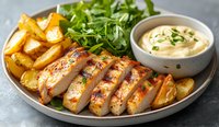 Sliced grilled chicken breast with roasted potatoes and creamy sauce on gray plate. Fresh arugula salad adds bright green accent. Homestyle meal presentation.