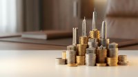 Stacked coins arranged in pyramid formation with candles on top, symbolizing financial growth, wealth accumulation, and investment success for business and finance concepts.