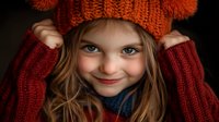 Young Caucasian girl wearing orange knit winter hat with pom-poms and red sweater smiles playfully while holding hat, close-up portrait against dark background.