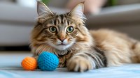Maine Coon cat with bright blue eyes lying on floor next to colorful orange and blue toy balls. Close up portrait showing fluffy fur and distinctive facial features.