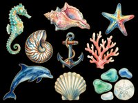 Watercolor ocean clipart set with seahorse, shells, anchor, dolphin, coral, starfish, and sand dollar, isolated on transparent background, ready for stickers, T-shirts, and print on demand.