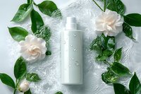 White cosmetic bottle with water drops surrounded by fresh gardenia flowers and green leaves on wet surface, top view composition for skincare advertising.