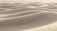 Smooth golden sand dunes create flowing waves across desert landscape with soft shadows and warm natural lighting for travel and nature concepts.