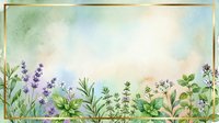 Watercolor botanical border frame with lavender, herbs and wildflowers on soft pastel background for wedding invitations, greeting cards and stationery.