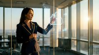 Professional Asian businesswoman in dark suit interacting with futuristic holographic interface in modern office with city skyline view during golden hour.