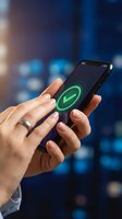 Person holding smartphone displaying green checkmark icon on screen against blurred blue digital background. Suitable for technology, approval, verification, and mobile app concepts.