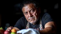 Middle-aged Hispanic male chef in black t-shirt and patterned apron looking thoughtfully at camera with intense expression against dark background, dramatic lighting highlights face.