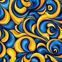 Swirling yellow and blue abstract pattern with curved shapes creates dynamic movement. Seamless repeat design for fabric, wallpaper and creative surface projects.